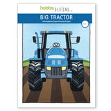 Cover for a Big Tractor quilt pattern by Hobbs Designs, featuring a baby blue tractor on a sky and field background.