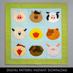 digital download of an easy applique farm animal baby quilt pattern 